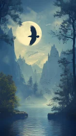 Silhouette of eagle crossing full moon above misty river