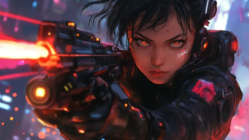 Cybernetic agent aims energized plasma pistol in neon-lit combat