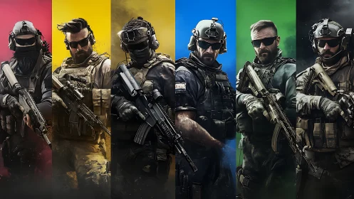 Tactical military operators in segmented colored panels.