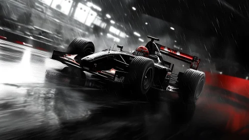 Night rain grand prix racer carving sparks into the track.