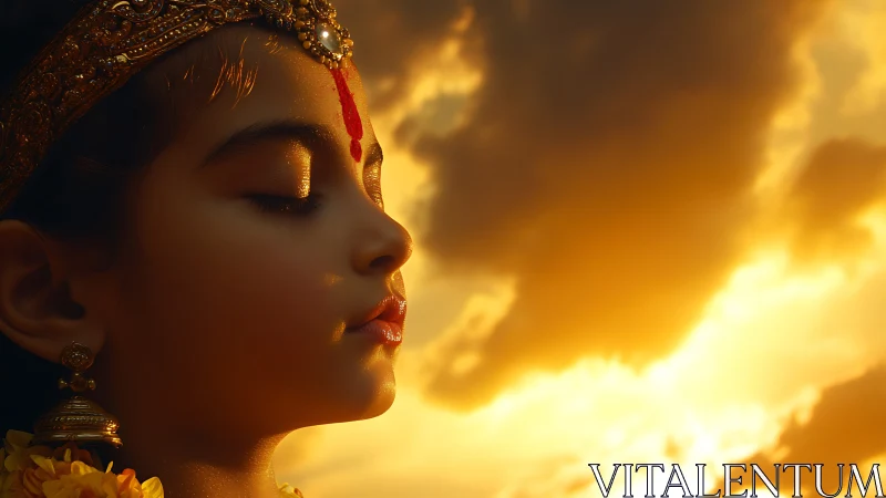 Sunlit child in serene ritual grace against golden sky.