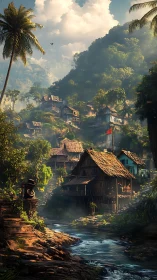 Sunlit jungle hillside village above winding river stream.
