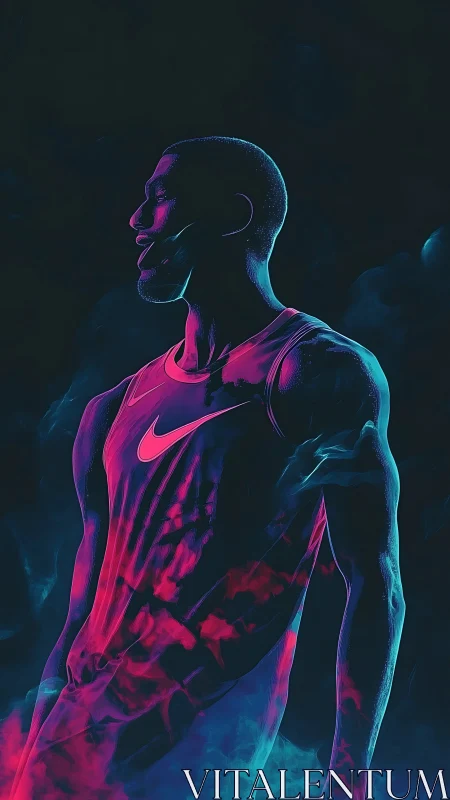 Neon rim-lit athlete silhouette in vaporous chromatic glow.