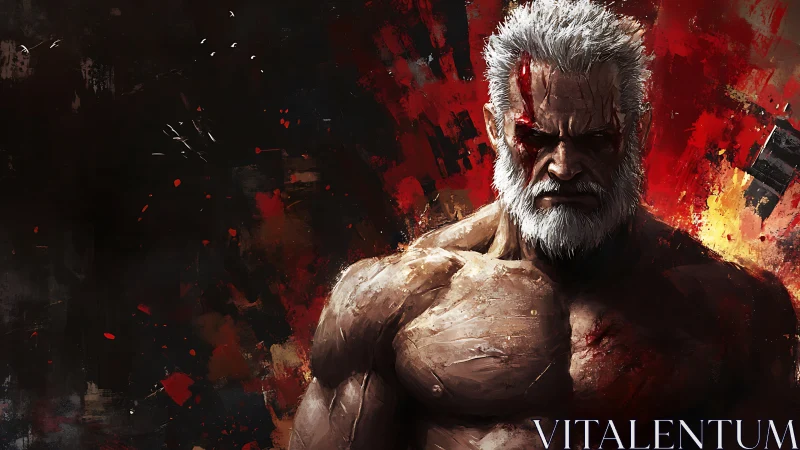 Weathered warrior stands fierce in a storm of painted fire.