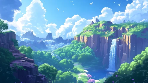 Lush valley cliffs with cascading waterfall under bright sky.