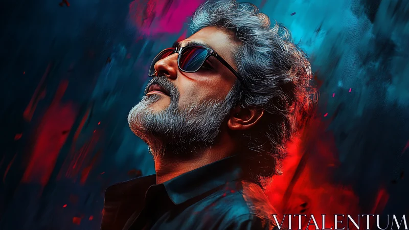 Stylish silver-haired man in neon red and blue glow gazes upward.