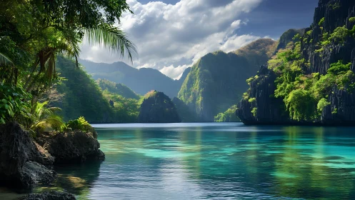 Tropical lagoon framed by limestone cliffs and jungle vegetation.