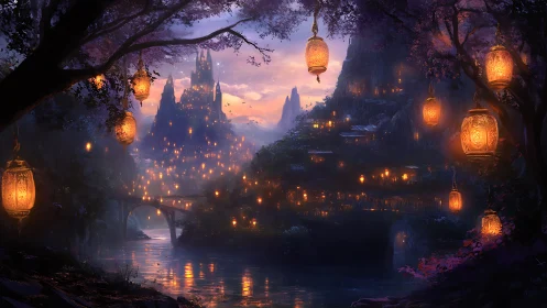 Lantern-lit river kingdom dreaming beneath violet twilight.