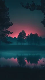 Midnight pines guarding a neon aurora over glassy water.