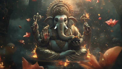 Digital painting of luminous Ganesha sculpture in ritual aura.