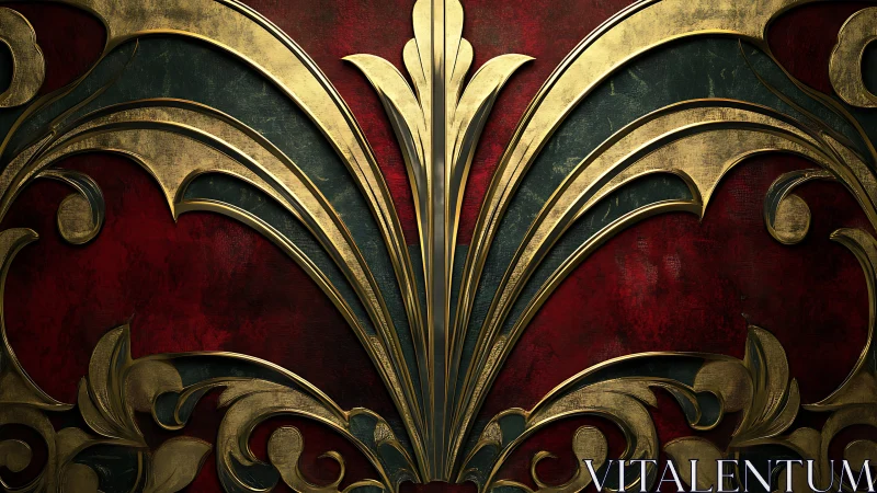 Ornate golden arabesque flourishes curve over crimson ground
