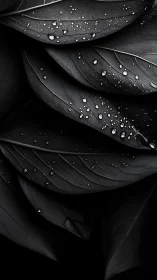 Monochrome leaves hold scattered raindrops under soft light