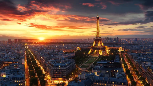 Eiffel Tower ignites Paris beneath a molten sunset sky.