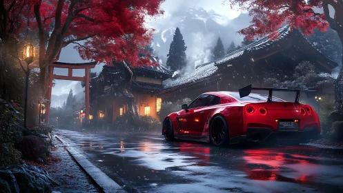 Red sports car on wet street near traditional temple at dusk.