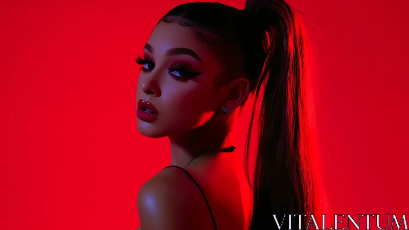 Glossy portrait of woman in red light with high ponytail.