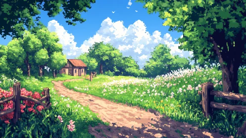 Pixel cottage sits beyond winding path in bright spring meadow