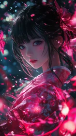 Neon-lit anime portrait isolates kimono girl in drifting petals