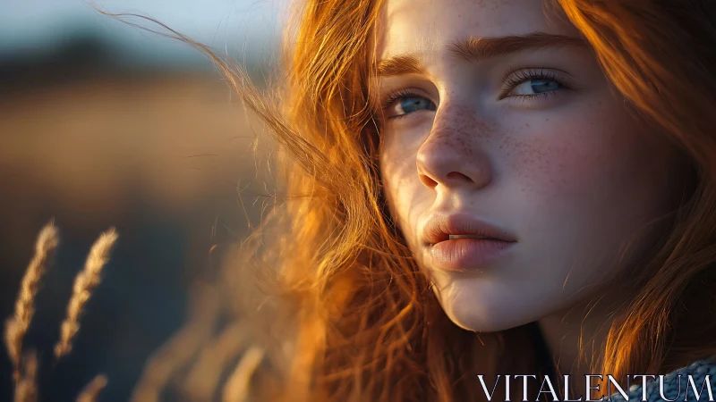 Photorealistic close-up portrait with dusk field illumination.