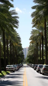 Palm-lined city corridor stretches toward sunlit towers