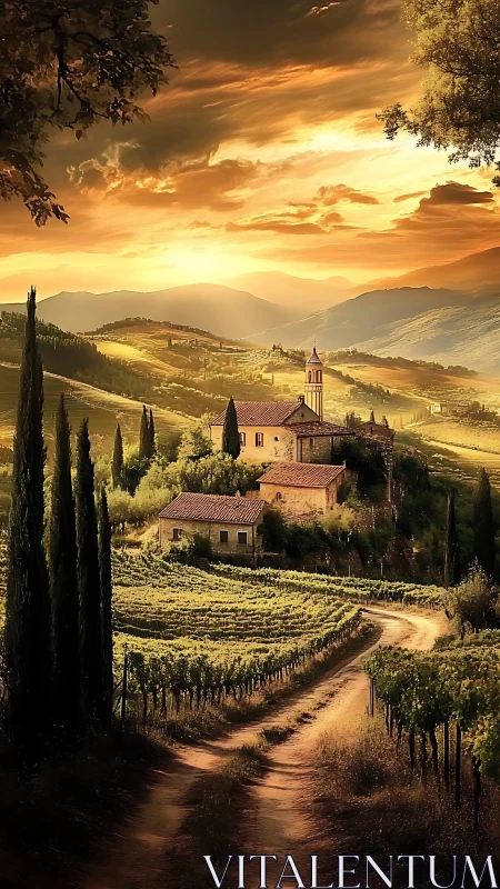 Sunlit Tuscan hills cradle a winding vineyard sanctuary