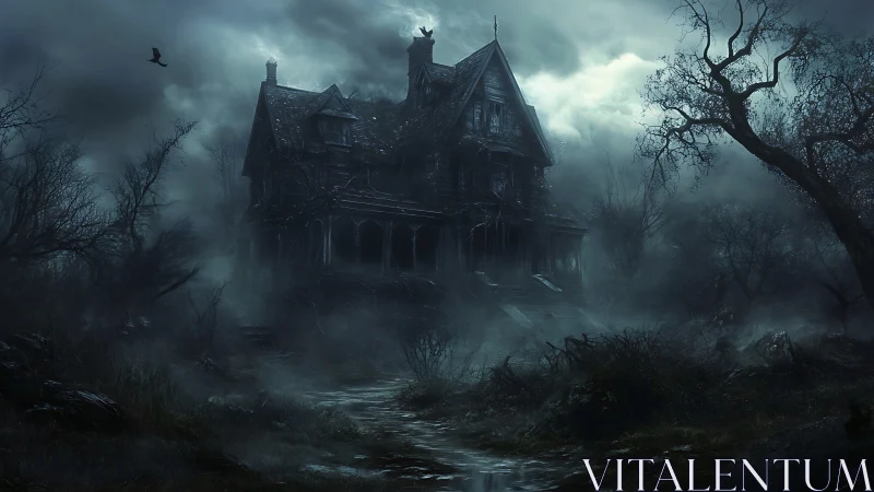 Nocturnal fog-occluded Victorian mansion in ruinous decline.