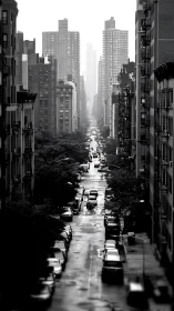 Rain-soaked city street recedes toward distant high-rise skyline