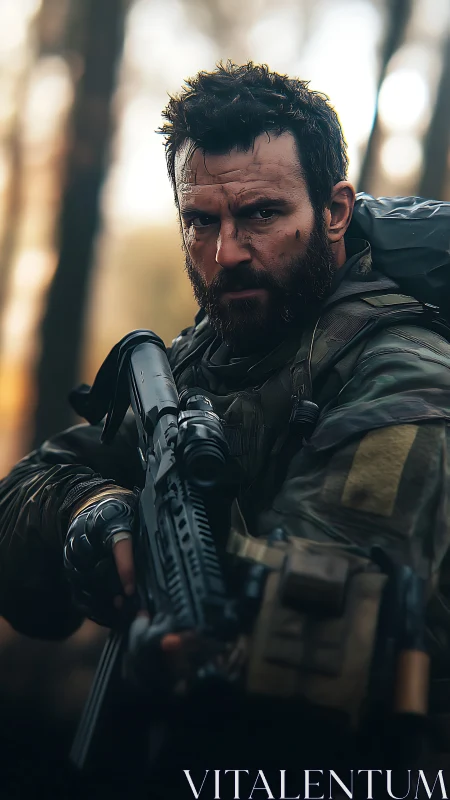 Bearded tactical soldier aiming rifle in shallow forest bokeh