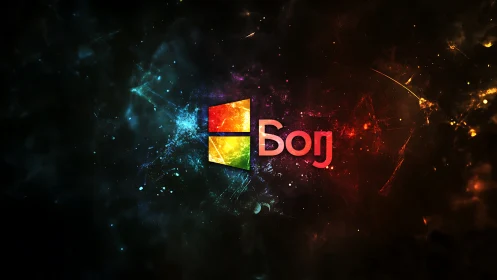 Neon galaxy Windows logo with Cyrillic glow typography.