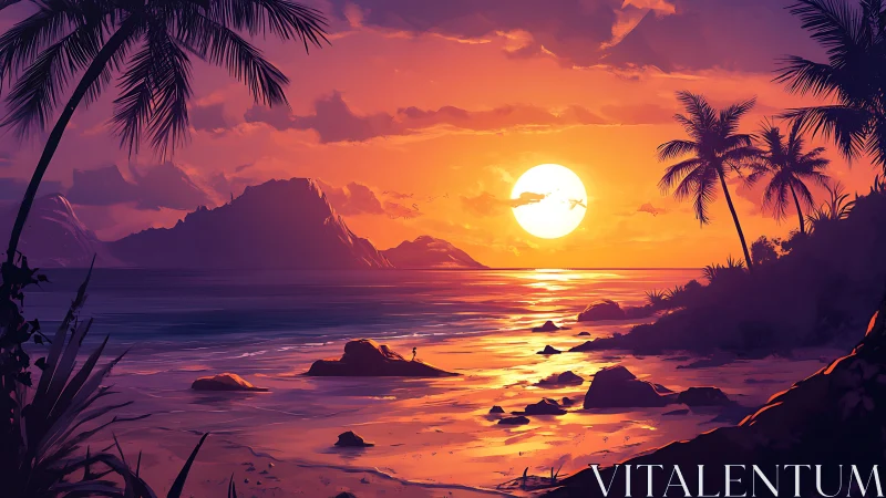 Tropical shoreline sunset with glowing sun and palm silhouettes.