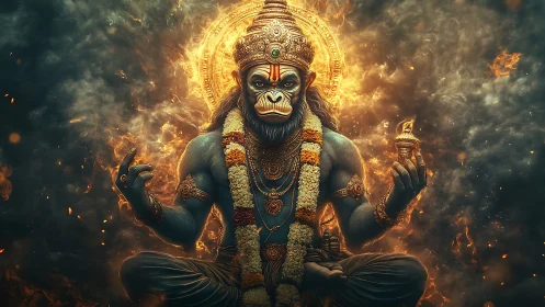 Divine monkey deity sits in blazing celestial halo of fire.