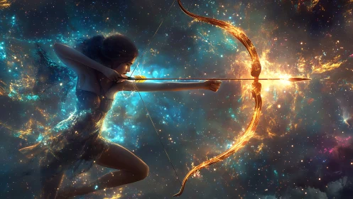 Celestial archer unleashes a blazing cosmic arrow in space.