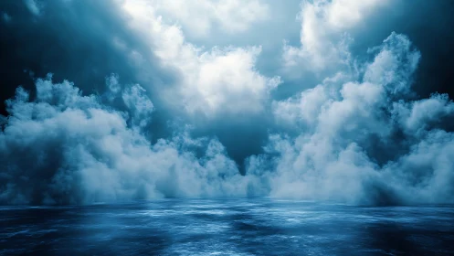 Dense cloud formations hover symmetrically above calm water