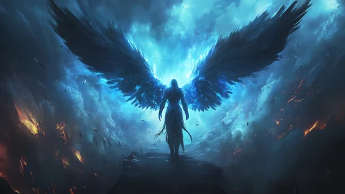 Celestial dark angel emerges within blazing storm clouds