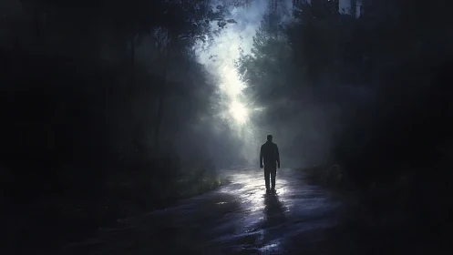 Solitary figure walking toward blinding forest light at night.