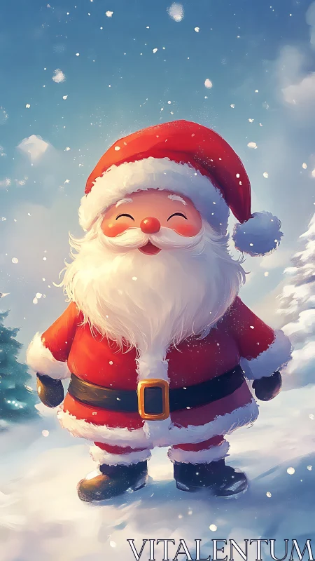 Jolly snow-kissed Santa beaming under a storybook sky.