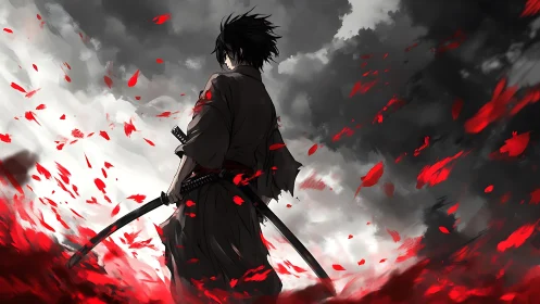 Lone samurai with dual katanas amid storm and crimson petals.