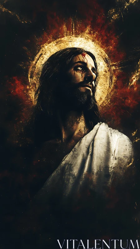 Sacred figure in radiant halo amid dark celestial void.