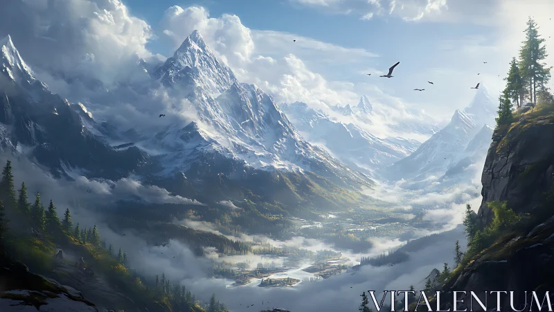 Snow-covered mountain range above mist-filled valley basin.