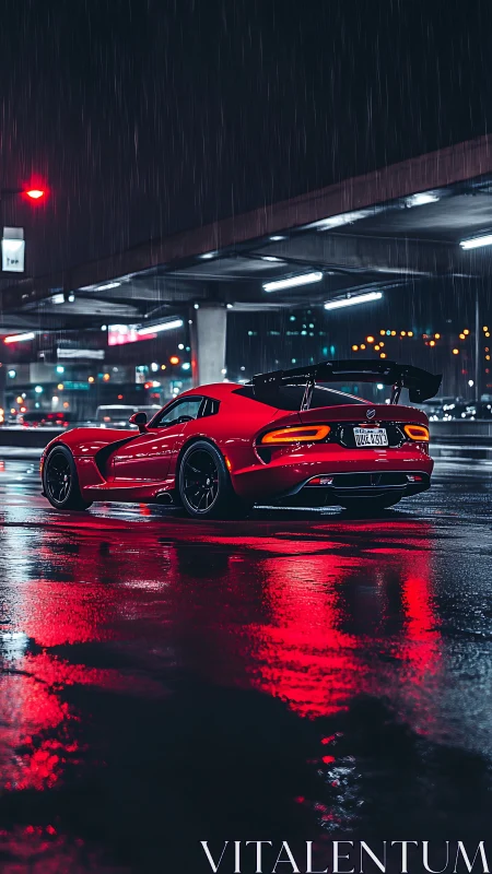 Wet-night automotive aerodynamics under neon spectral reflections.