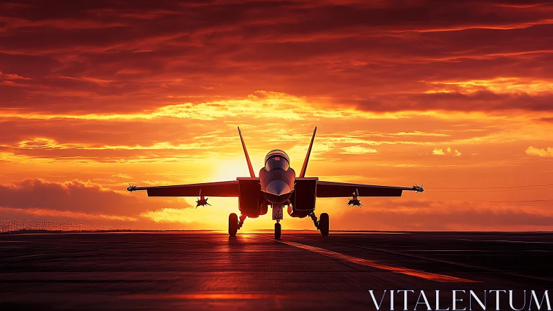 Carrier-based fighter jet aligned against a saturated sunset sky