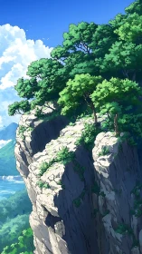 Steep rocky cliff with dense treetops under clear sky