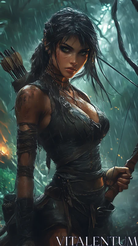 Rain-soaked jungle huntress rendered in cinematic realism