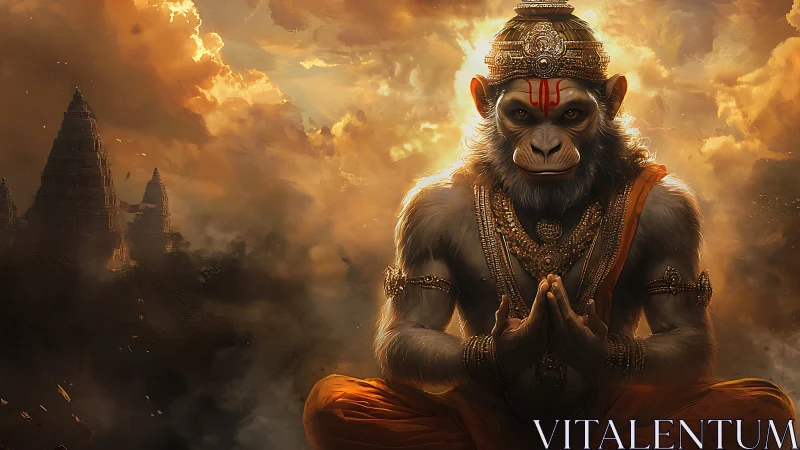 Divine simian deity in luminous temple-cloud tableau, digital painting.