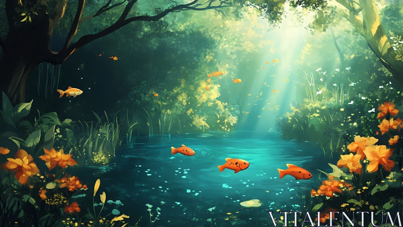 Digital forest pond scene shows koi fish in filtered sunlight