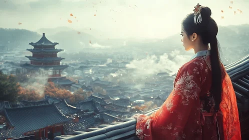 Digital painting of noblewoman over misty ancient skyline.