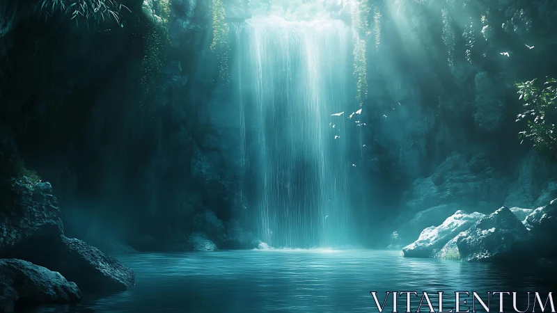 Mystic blue waterfall cascade in secluded rocky grotto.