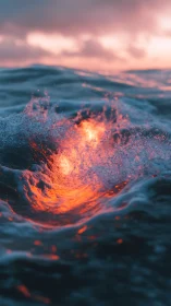 Molten light vortex ignites stormy teal ocean waves.