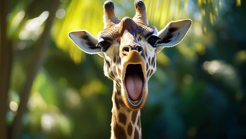 Giraffe yawns under tropical light with lush blurred bokeh.