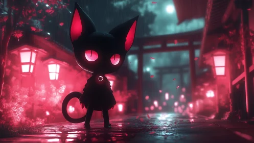 Black cartoon cat stands in neon lit rainy street at night