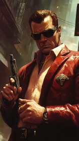 Man in red suit holds handgun in narrow urban alley